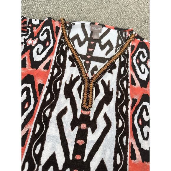 Chico’s sheer patterned blouse wood bead v neck 2 - Picture 8 of 10